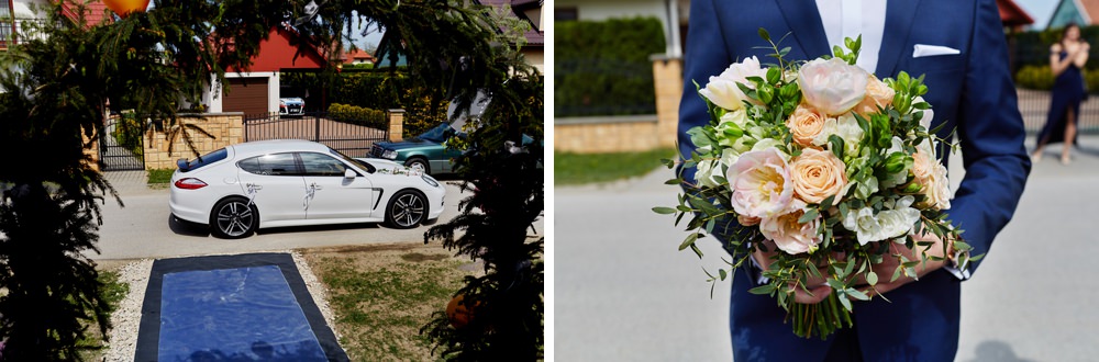 bukiet ślubny auto do ślubu pan młody z bukietem porhe do ślubu